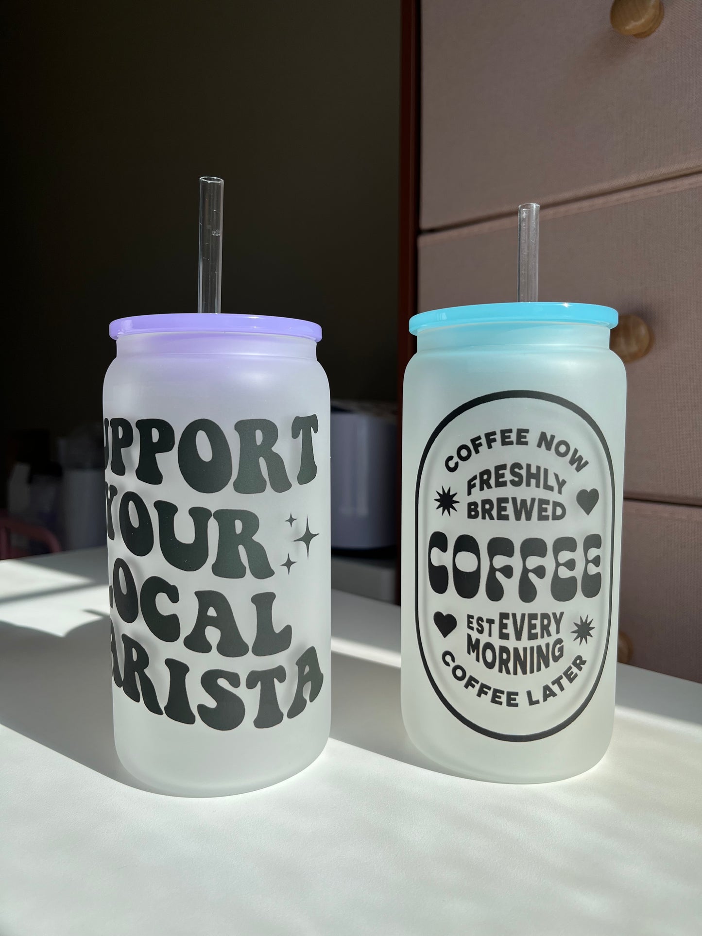 Support your local Barista 16oz Frosted Glass Coffee Cups