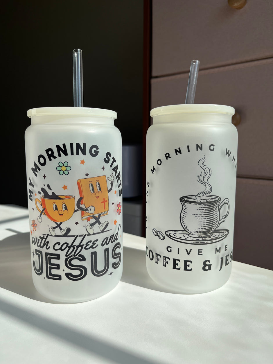 In the Morning Coffee & Jesus 16oz Frosted Glass Cups