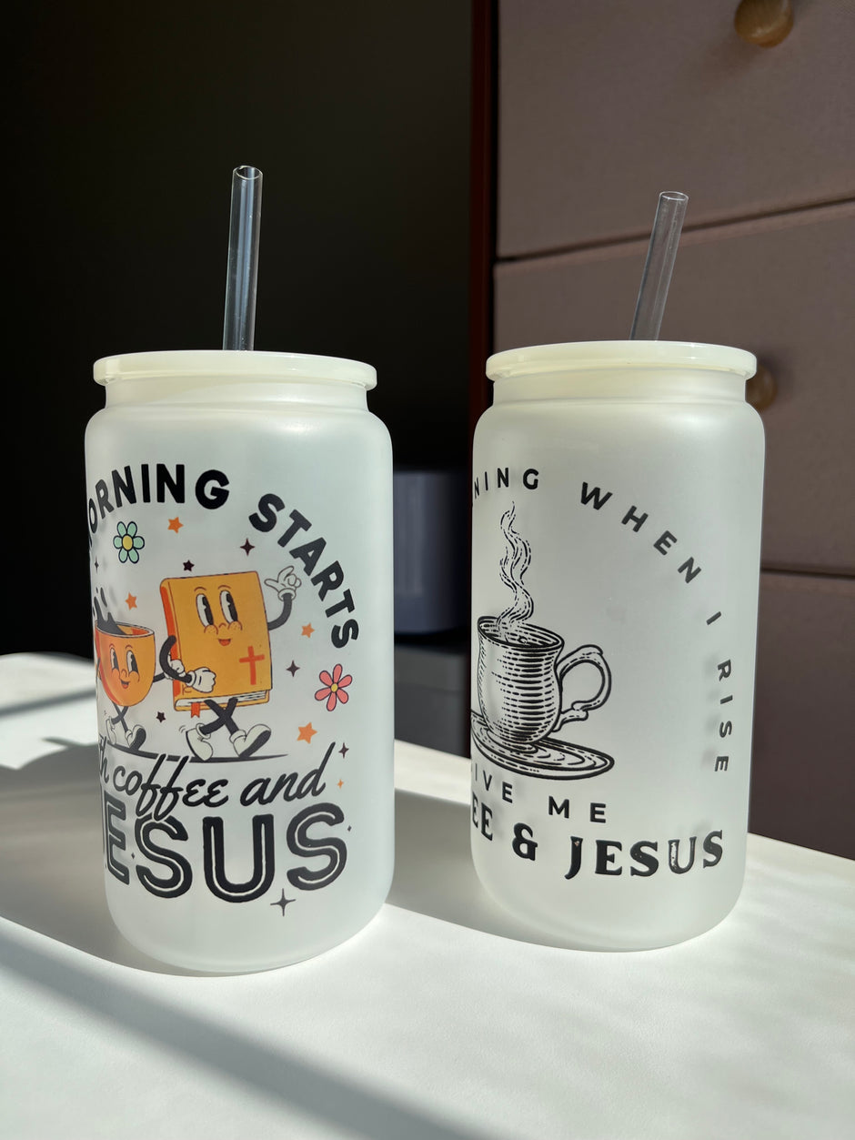 In the Morning Coffee & Jesus 16oz Frosted Glass Cups