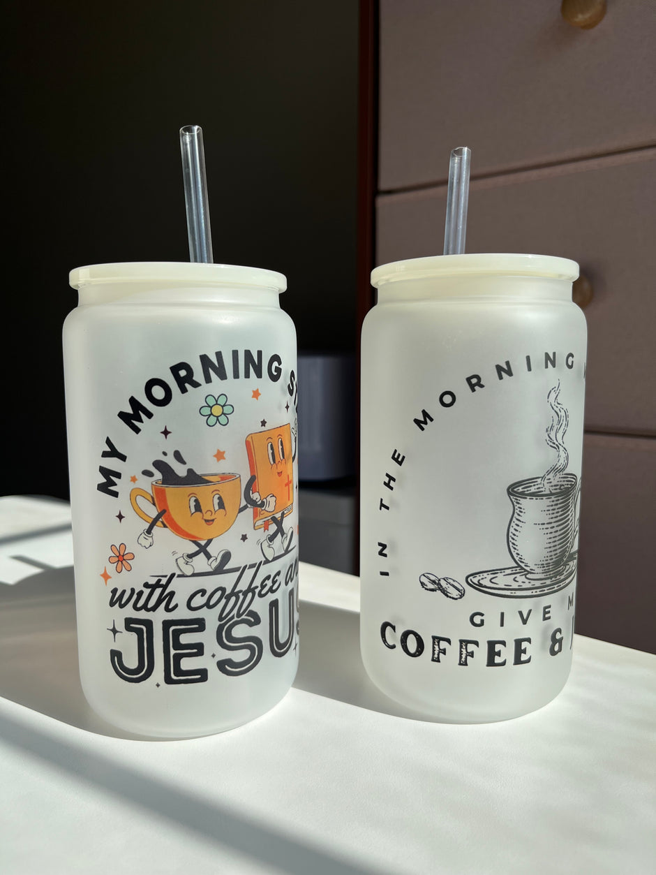 In the Morning Coffee & Jesus 16oz Frosted Glass Cups