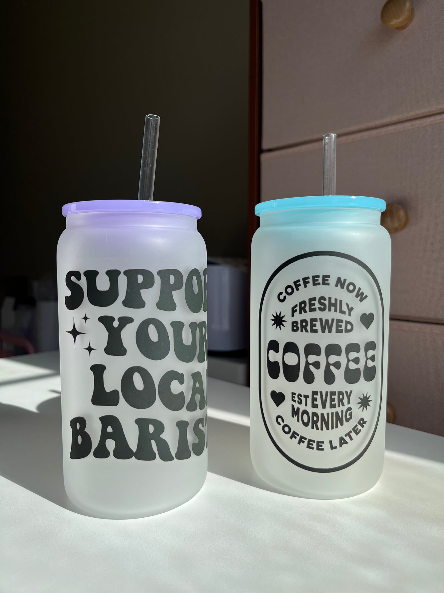 Support your local Barista 16oz Frosted Glass Coffee Cups