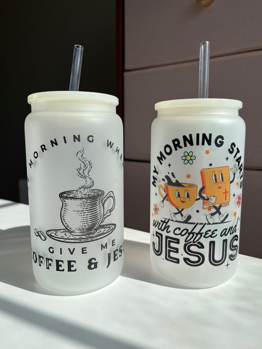 In the Morning Coffee & Jesus 16oz Frosted Glass Cups