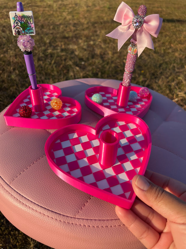 Checkered Heart Pen Stand with Tray for Regular or Rhinestone Pens