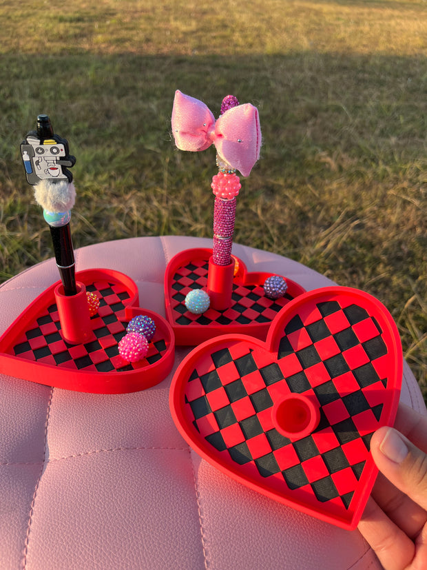 Checkered Heart Pen Stand with Tray for Regular or Rhinestone Pens