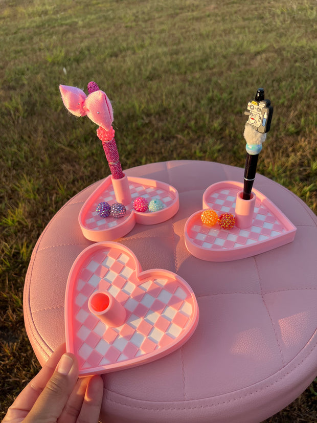 Checkered Heart Pen Stand with Tray for Regular or Rhinestone Pens