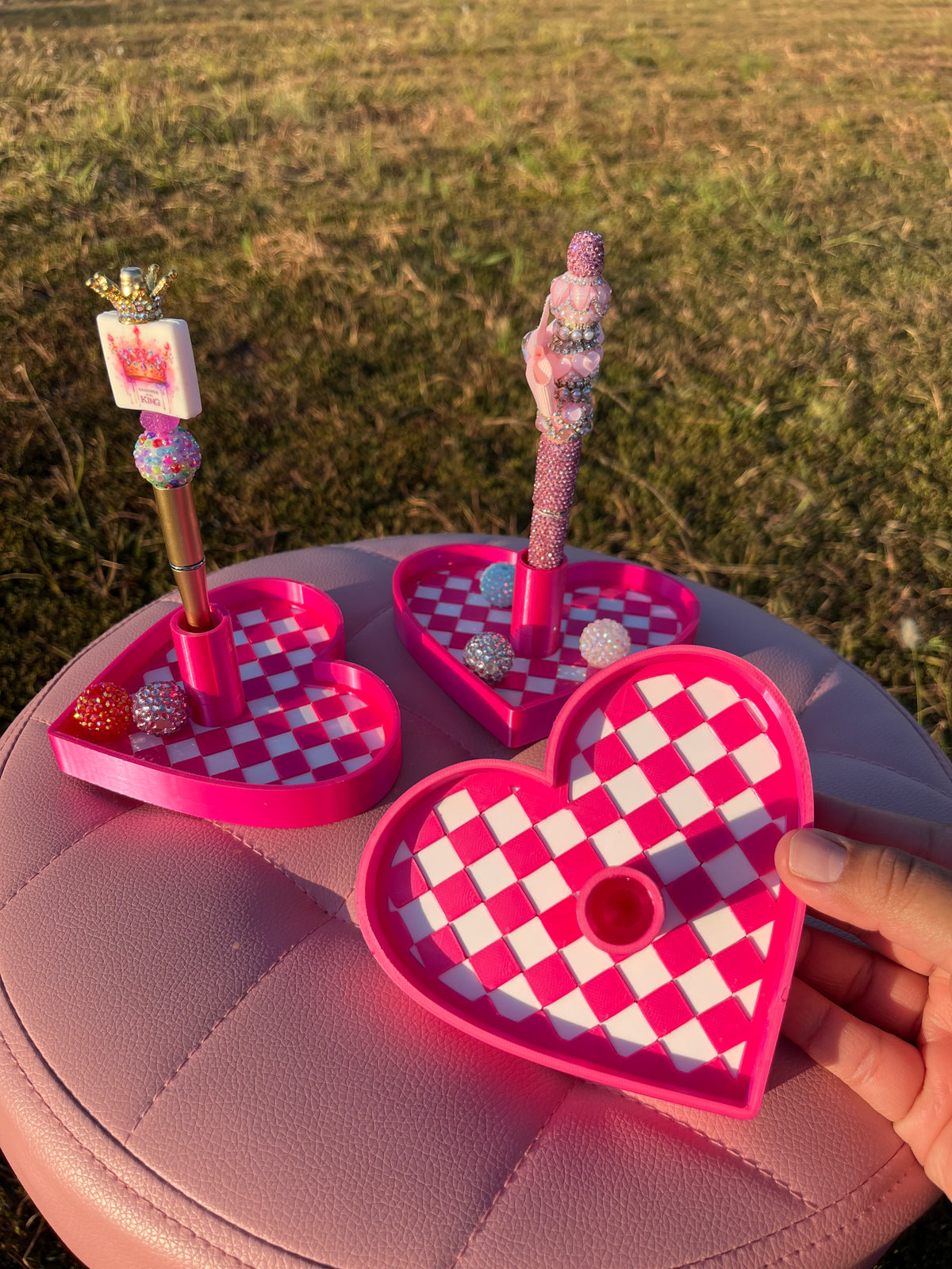 Checkered Heart Pen Stand with Tray