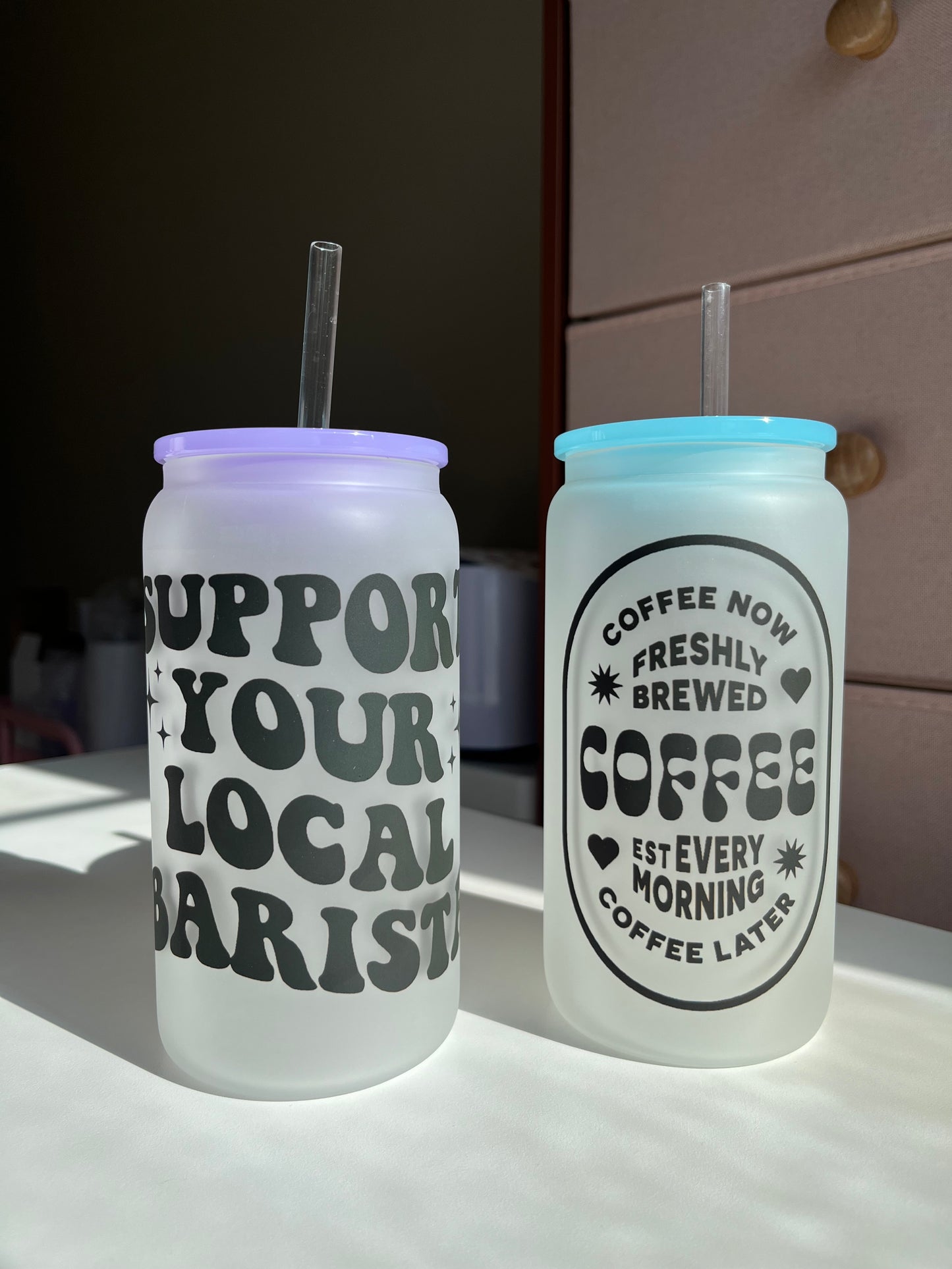 Support your local Barista 16oz Frosted Glass Coffee Cups