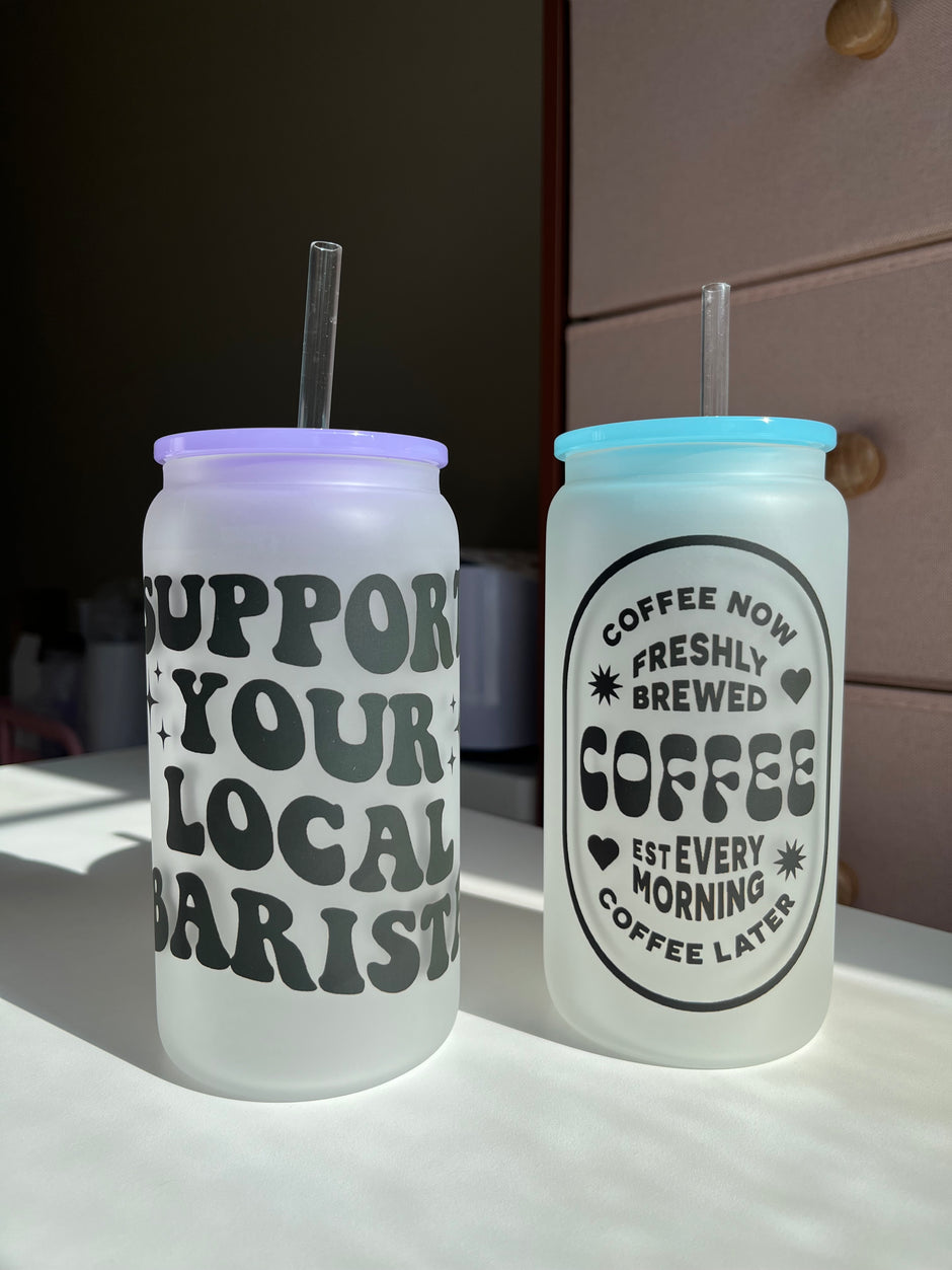 Support your local Barista 16oz Frosted Glass Coffee Cups