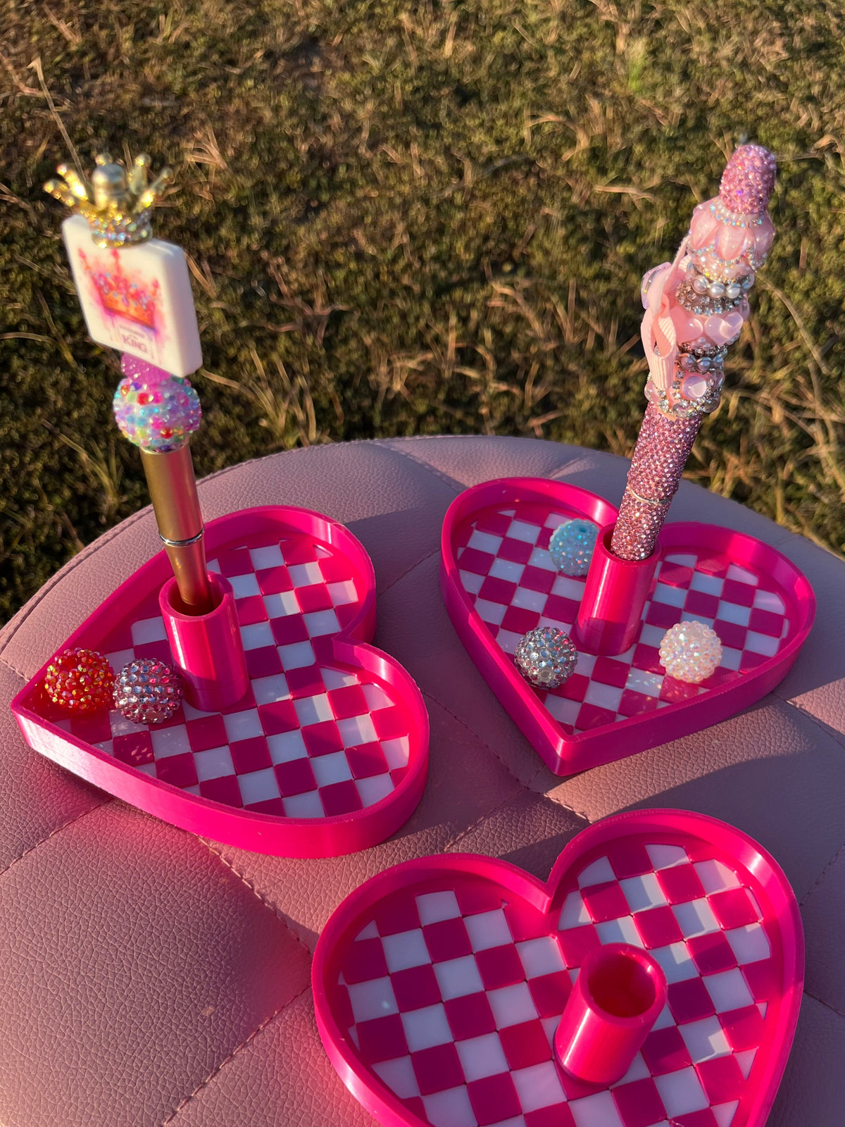 Checkered Heart Pen Stand with Tray