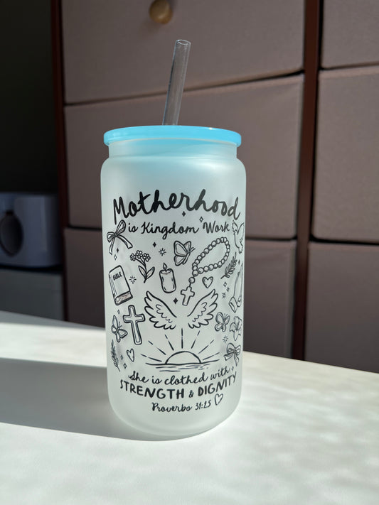 Motherhood is my Ministry 16oz frosted glass cups