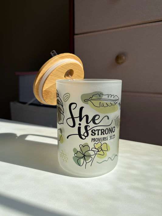 Proverbs 31:25 frosted glass cup or mug