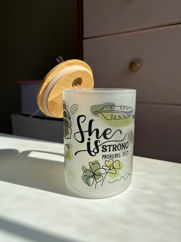 Proverbs 31:25 frosted glass cup or mug