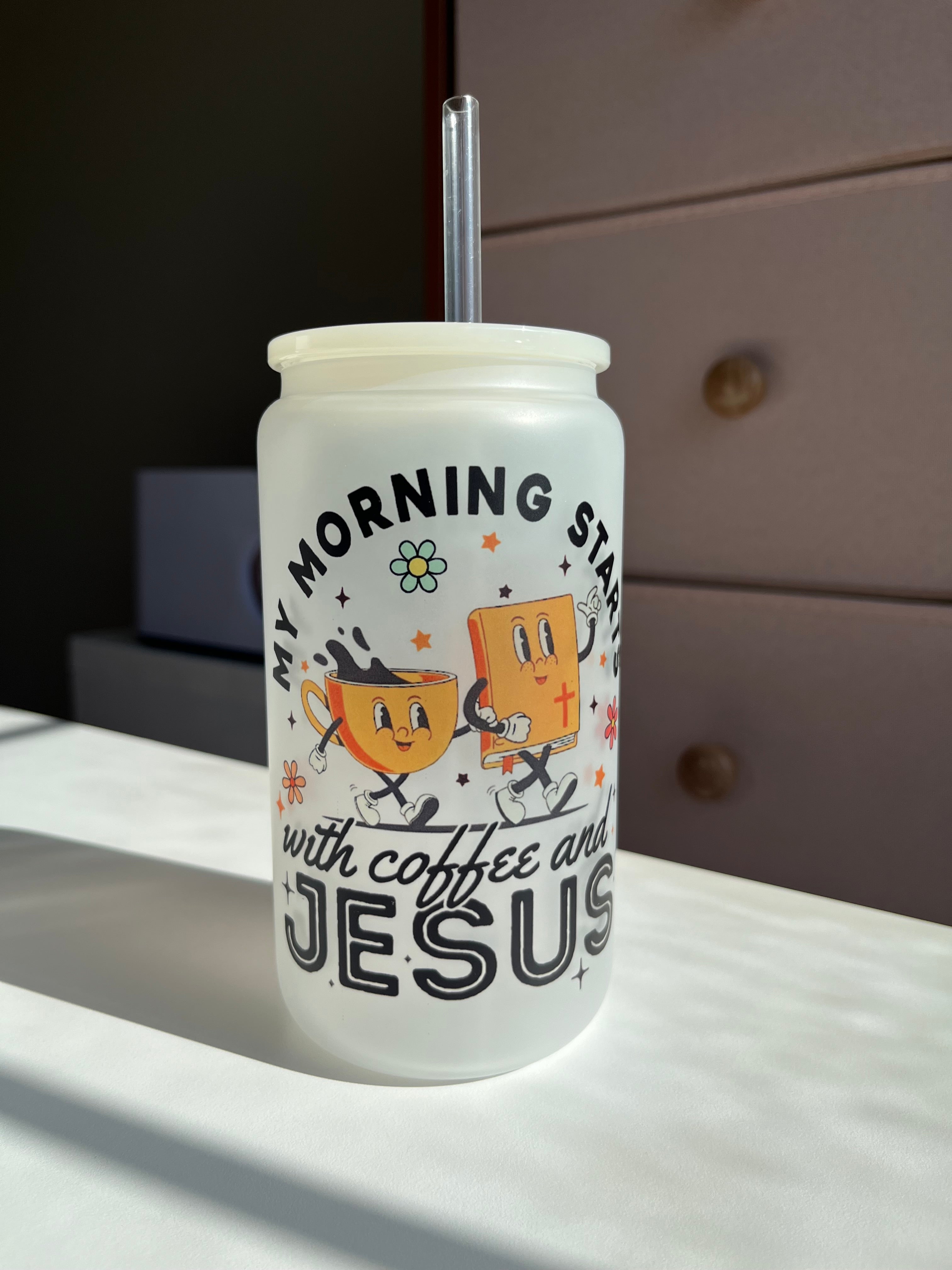 In the Morning Coffee & Jesus 16oz Frosted Glass Cups