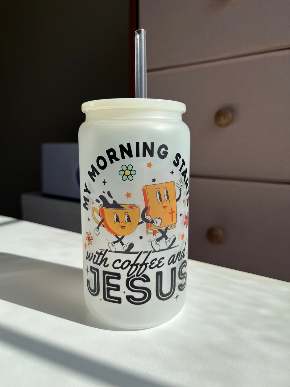 In the Morning Coffee & Jesus 16oz Frosted Glass Cups